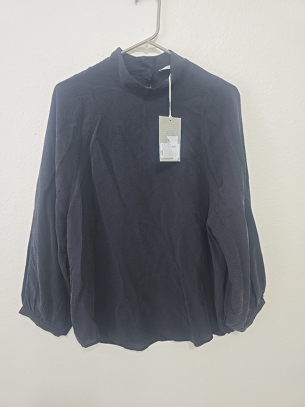Everlane Navy Textured Mock-Neck Blouse